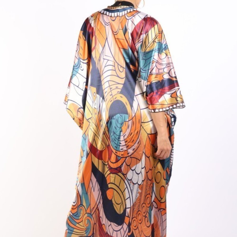 Women's Orange Multi Border Print Satin Maxi Kimono One Size